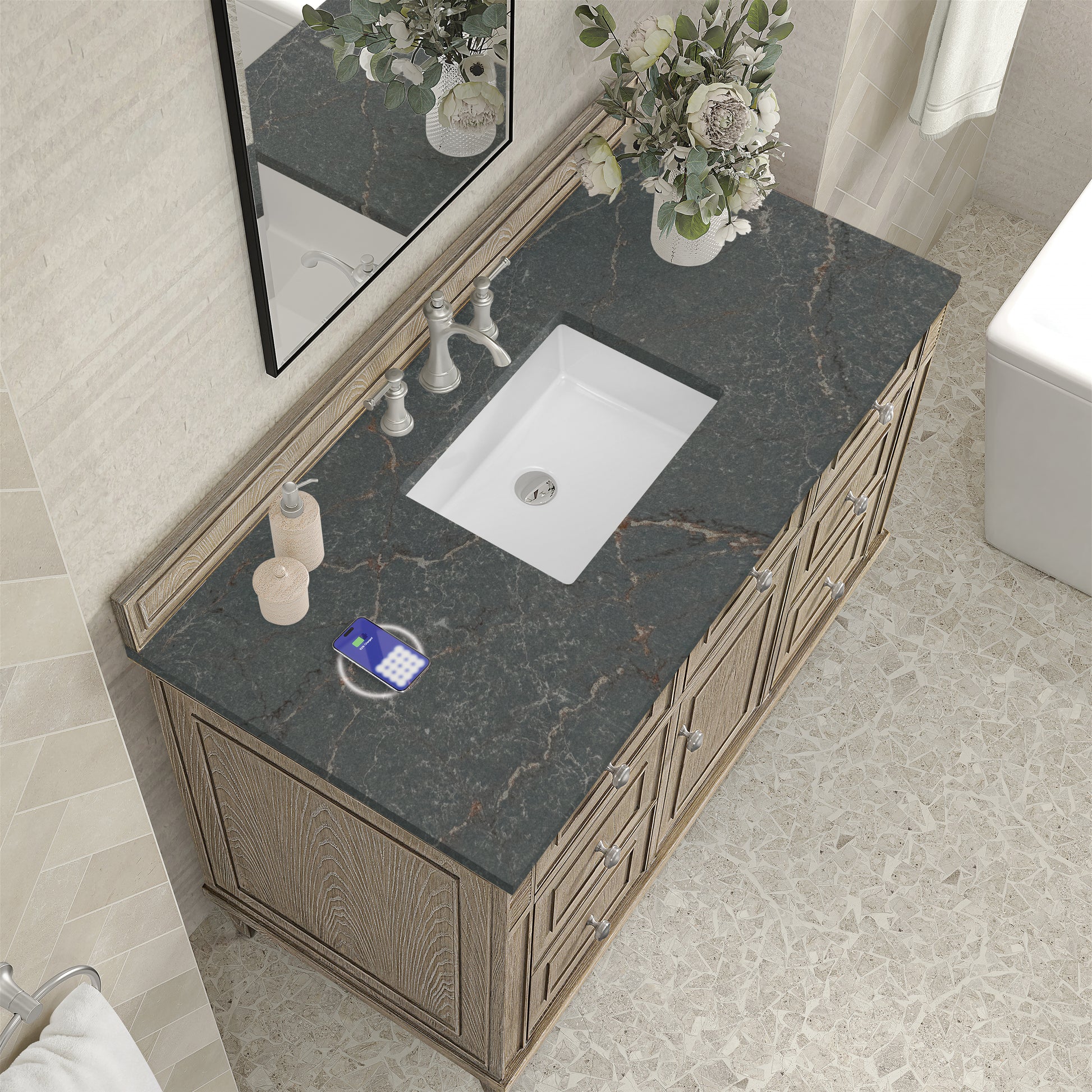 James Martin Vanities Lorelai 48" Whitewashed Oak Single Vanity With 3 cm Parisien Bleu Silestone Top and FreePower Wireless Charger