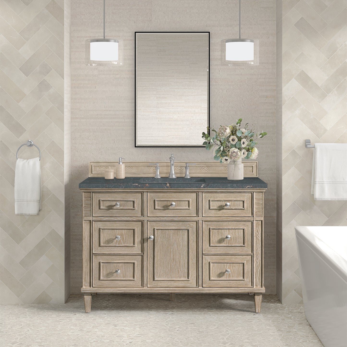 James Martin Vanities Lorelai 48" Whitewashed Oak Single Vanity With 3 cm Parisien Bleu Silestone Top and FreePower Wireless Charger