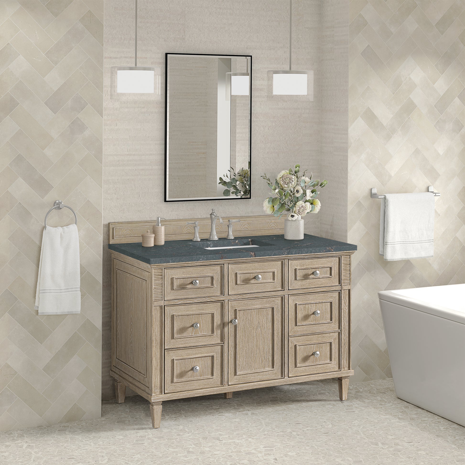 James Martin Vanities Lorelai 48" Whitewashed Oak Single Vanity With 3 cm Parisien Bleu Silestone Top and FreePower Wireless Charger