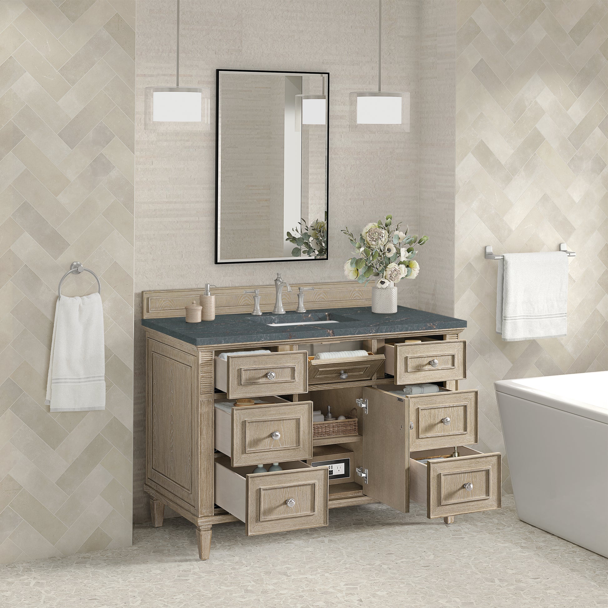 James Martin Vanities Lorelai 48" Whitewashed Oak Single Vanity With 3 cm Parisien Bleu Silestone Top and FreePower Wireless Charger