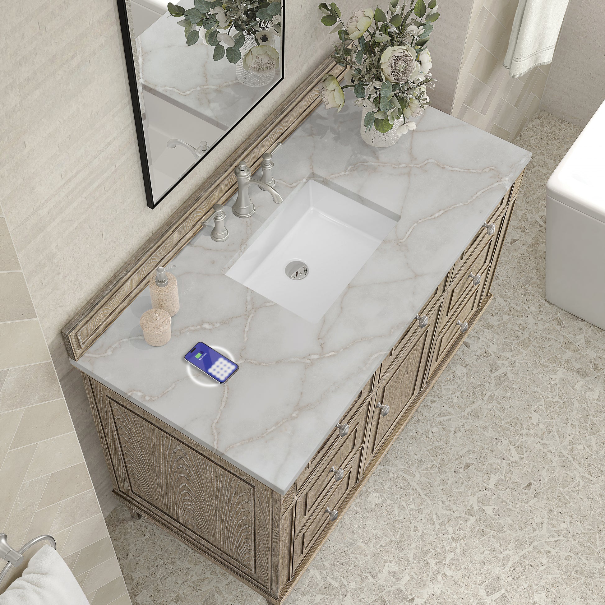 James Martin Vanities Lorelai 48" Whitewashed Oak Single Vanity With 3 cm Victorian Silver Silestone Top and FreePower Wireless Charger