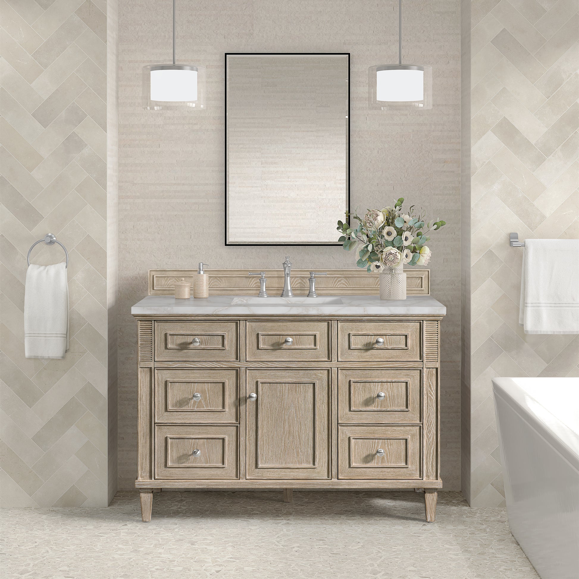 James Martin Vanities Lorelai 48" Whitewashed Oak Single Vanity With 3 cm Victorian Silver Silestone Top and FreePower Wireless Charger