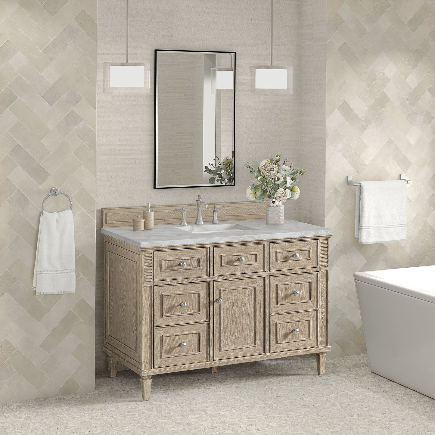 James Martin Vanities Lorelai 48" Whitewashed Oak Single Vanity With 3 cm Victorian Silver Silestone Top and FreePower Wireless Charger