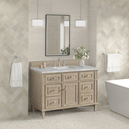 James Martin Vanities Lorelai 48" Whitewashed Oak Single Vanity With 3 cm Victorian Silver Silestone Top and FreePower Wireless Charger