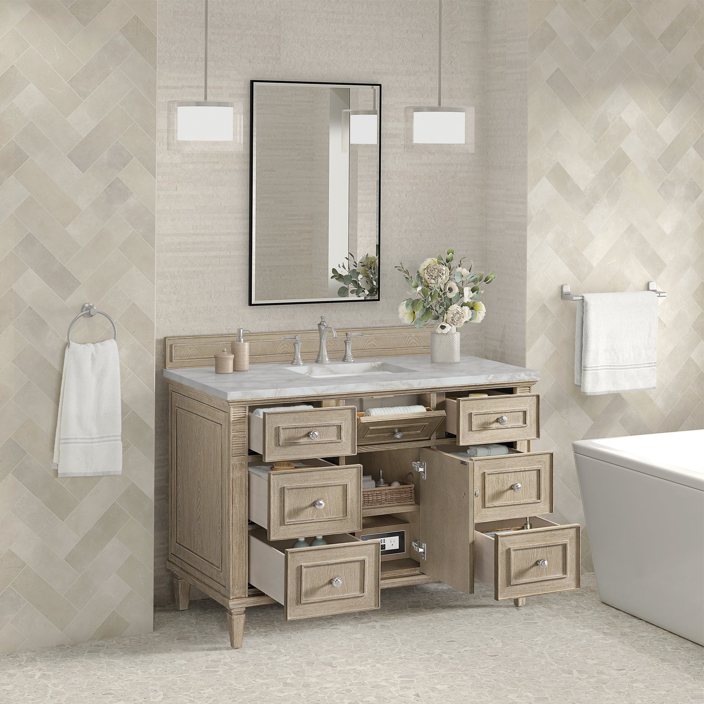 James Martin Vanities Lorelai 48" Whitewashed Oak Single Vanity With 3 cm Victorian Silver Silestone Top and FreePower Wireless Charger