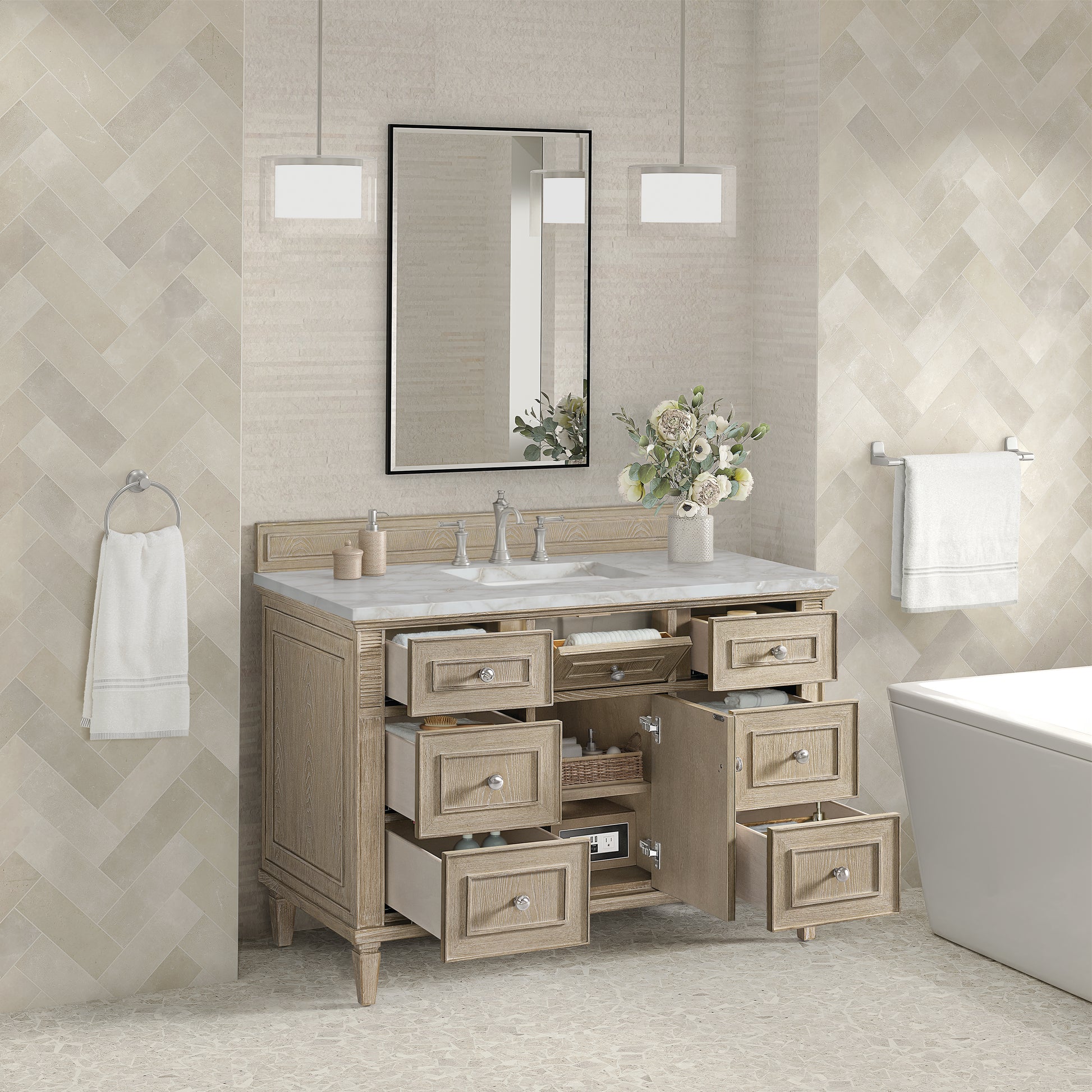 James Martin Vanities Lorelai 48" Whitewashed Oak Single Vanity With 3 cm Victorian Silver Silestone Top and FreePower Wireless Charger