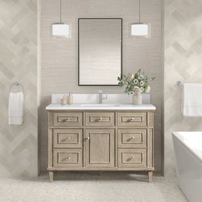 James Martin Vanities Lorelai 48" Whitewashed Oak Single Vanity With Single Hole 3 CM White Zeus Quartz Top & Backsplash