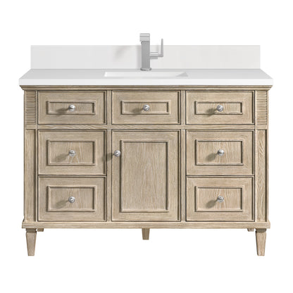 James Martin Vanities Lorelai 48" Whitewashed Oak Single Vanity With Single Hole 3 CM White Zeus Quartz Top & Backsplash