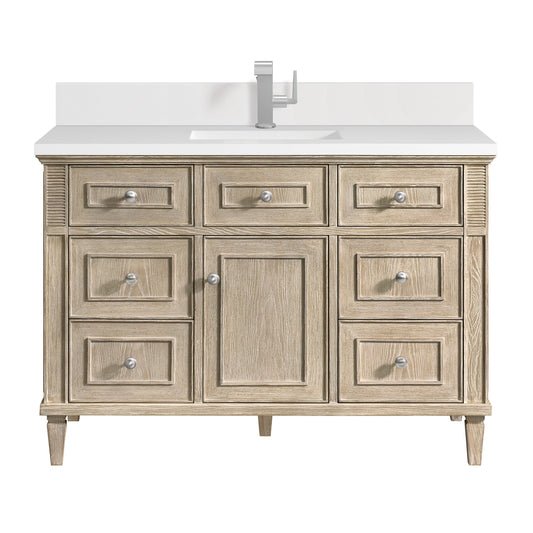 James Martin Vanities Lorelai 48" Whitewashed Oak Single Vanity With Single Hole 3 CM White Zeus Quartz Top & Backsplash