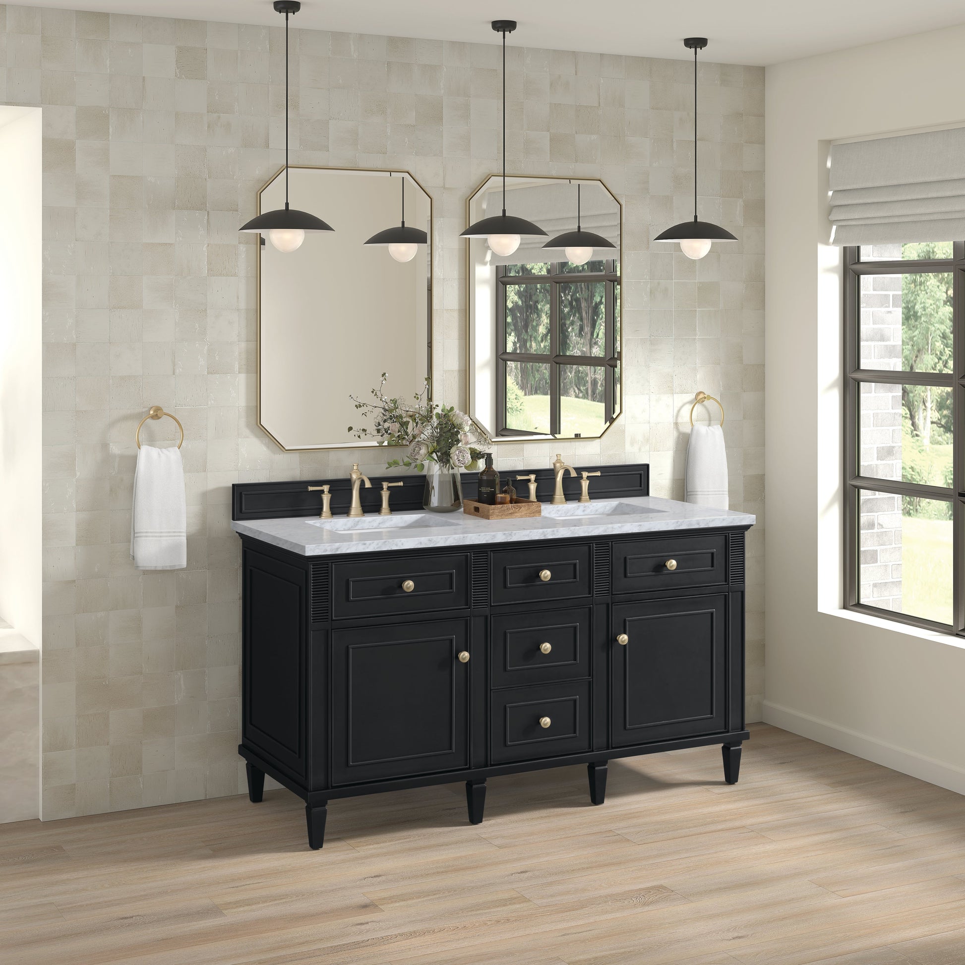 James Martin Vanities Lorelai 60" Black Onyx Double Vanity With 3 CM Carrara White Marble Top