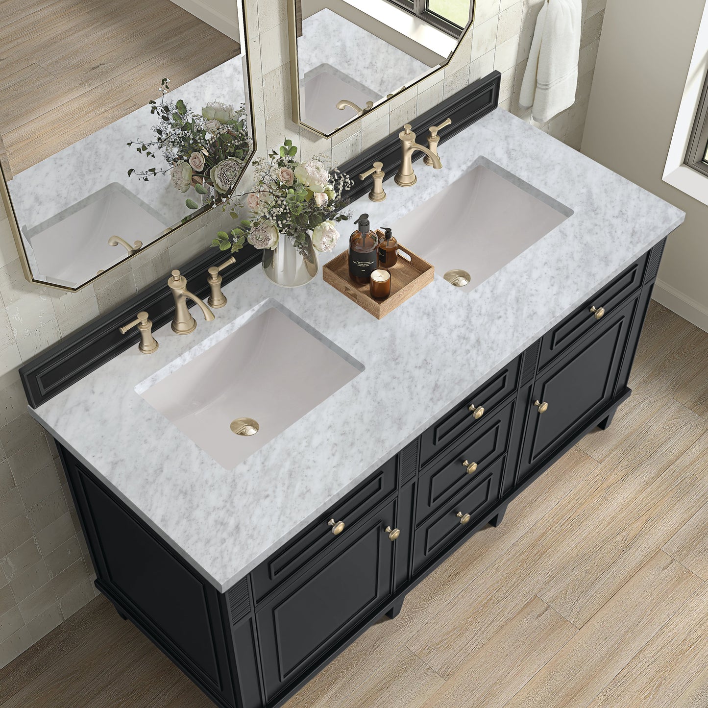 James Martin Vanities Lorelai 60" Black Onyx Double Vanity With 3 CM Carrara White Marble Top