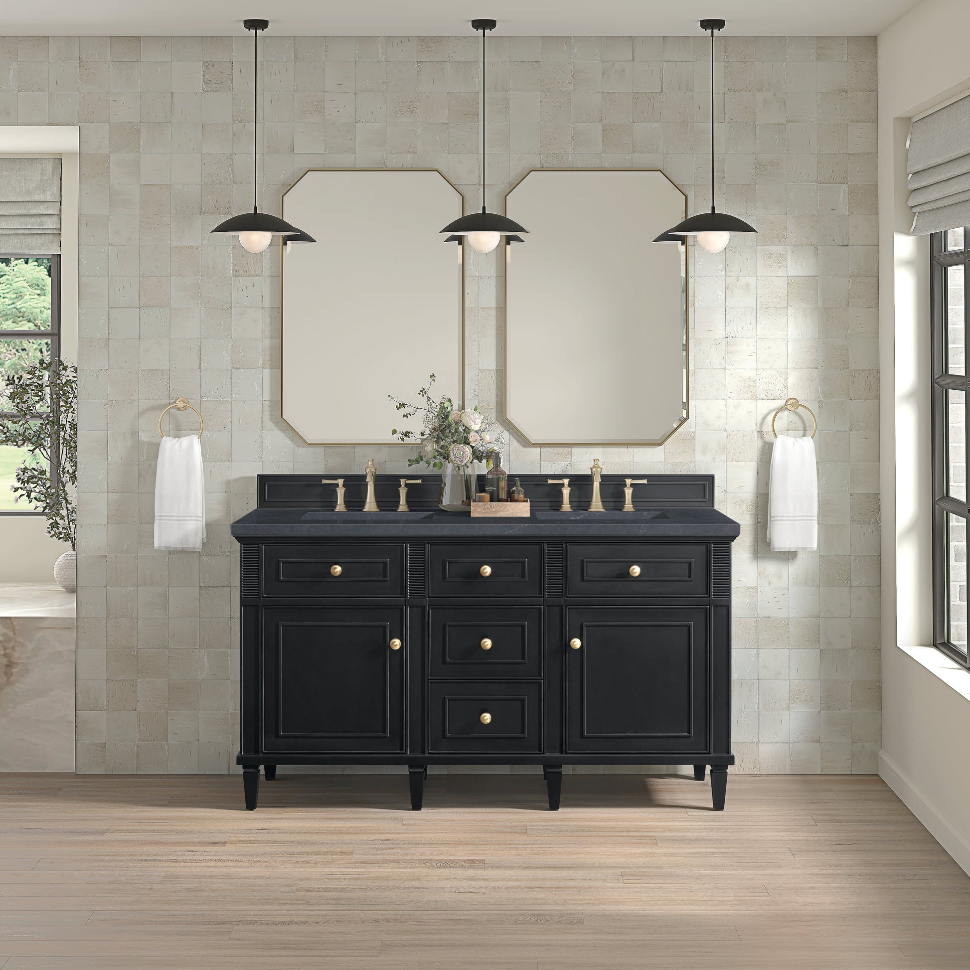 James Martin Vanities Lorelai 60" Black Onyx Double Vanity With 3 CM Charcoal Soapstone Quartz Top