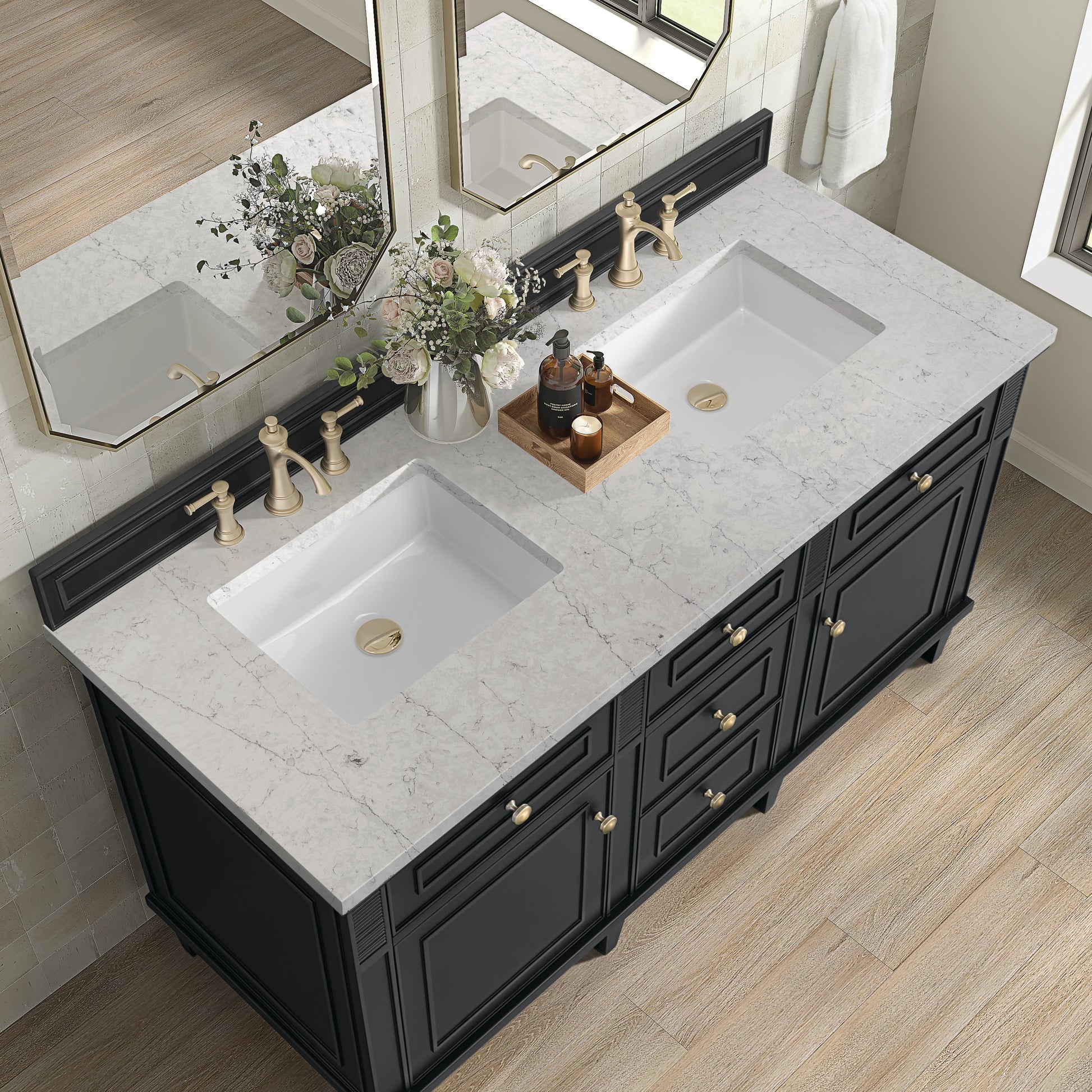 James Martin Vanities Lorelai 60" Black Onyx Double Vanity With 3 CM Eternal Jasmine Pearl Quartz Top