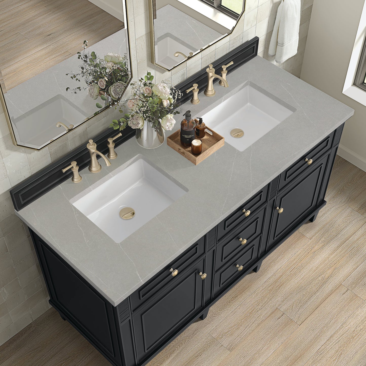 James Martin Vanities Lorelai 60" Black Onyx Double Vanity With 3 CM Eternal Serena Quartz Top