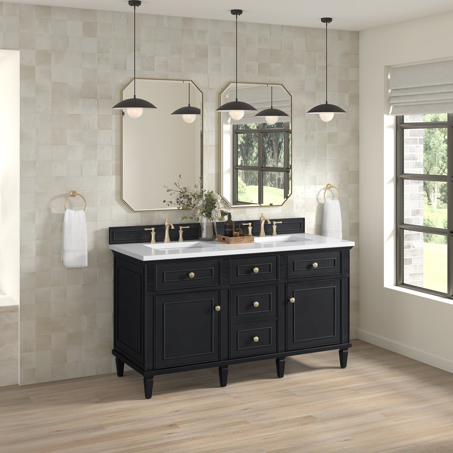 James Martin Vanities Lorelai 60" Black Onyx Double Vanity With 3 CM White Zeus Quartz Top