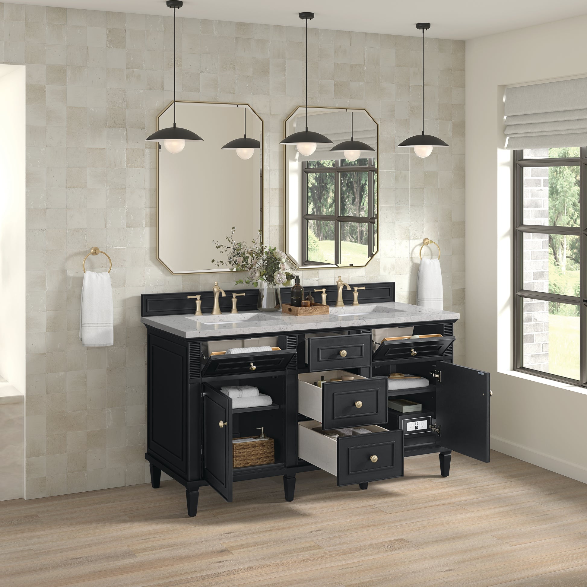 James Martin Vanities Lorelai 60" Black Onyx Double Vanity With 3 cm Eternal Jasmine Pearl Silestone Top and FreePower Wireless Charger