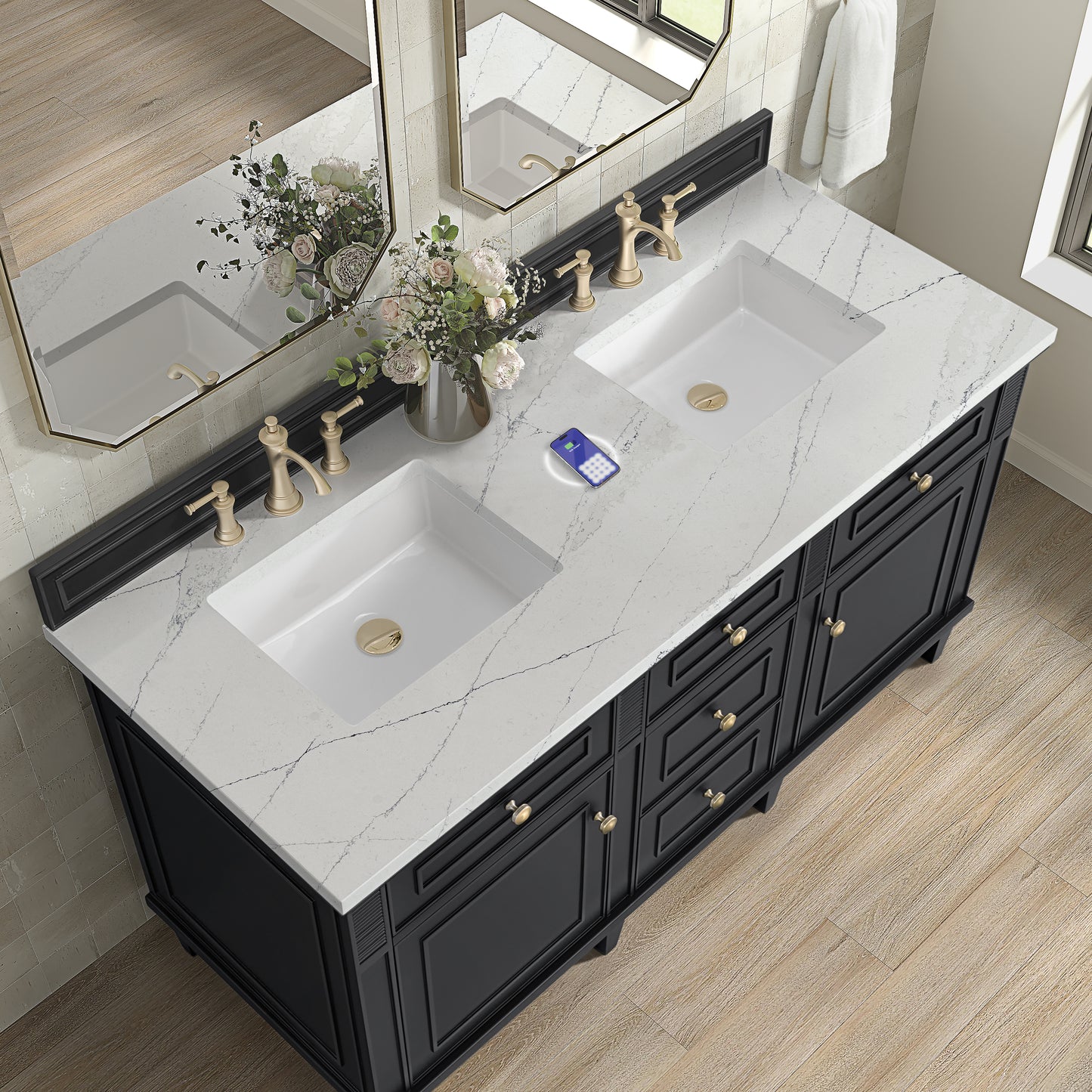 James Martin Vanities Lorelai 60" Black Onyx Double Vanity With 3 cm Ethereal Noctis Silestone Top and FreePower Wireless Charger