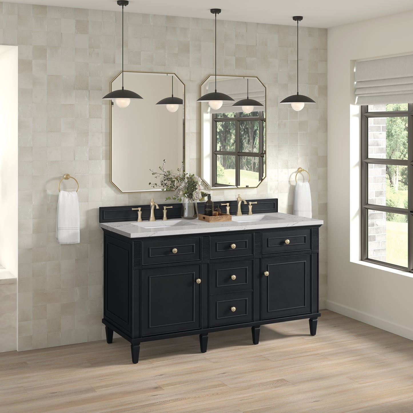 James Martin Vanities Lorelai 60" Black Onyx Double Vanity With 3 cm Ethereal Noctis Silestone Top and FreePower Wireless Charger