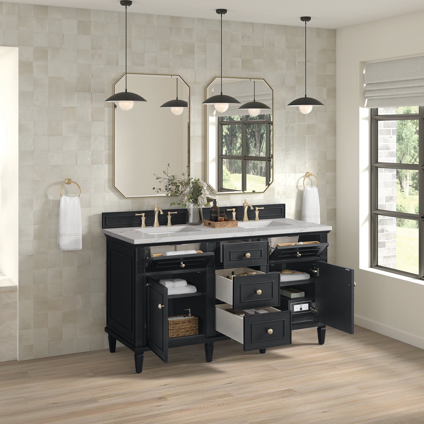 James Martin Vanities Lorelai 60" Black Onyx Double Vanity With 3 cm Ethereal Noctis Silestone Top and FreePower Wireless Charger