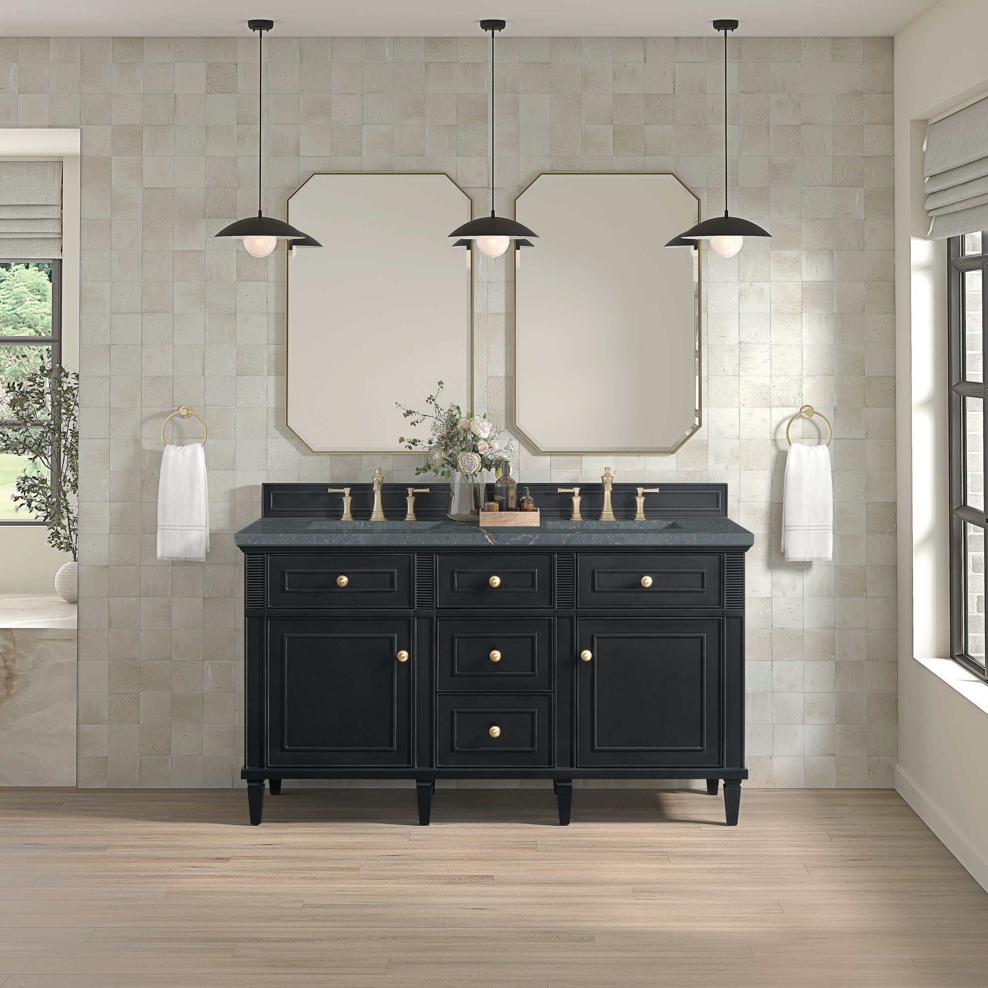 James Martin Vanities Lorelai 60" Black Onyx Double Vanity With 3 cm Parisien Bleu Silestone Top and FreePower Wireless Charger