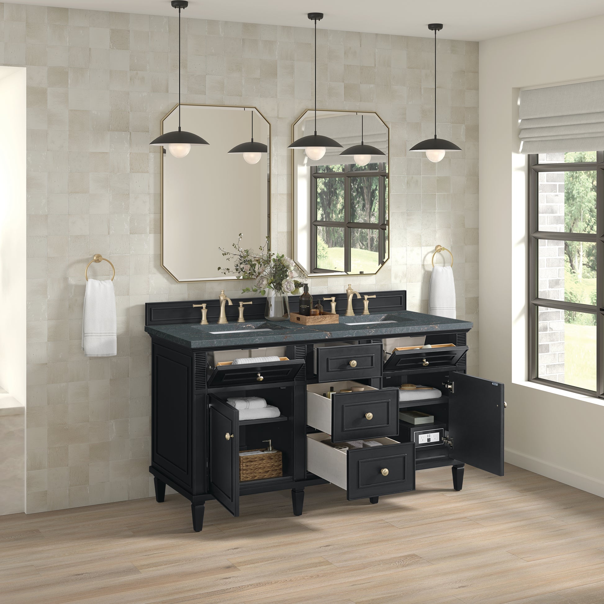 James Martin Vanities Lorelai 60" Black Onyx Double Vanity With 3 cm Parisien Bleu Silestone Top and FreePower Wireless Charger