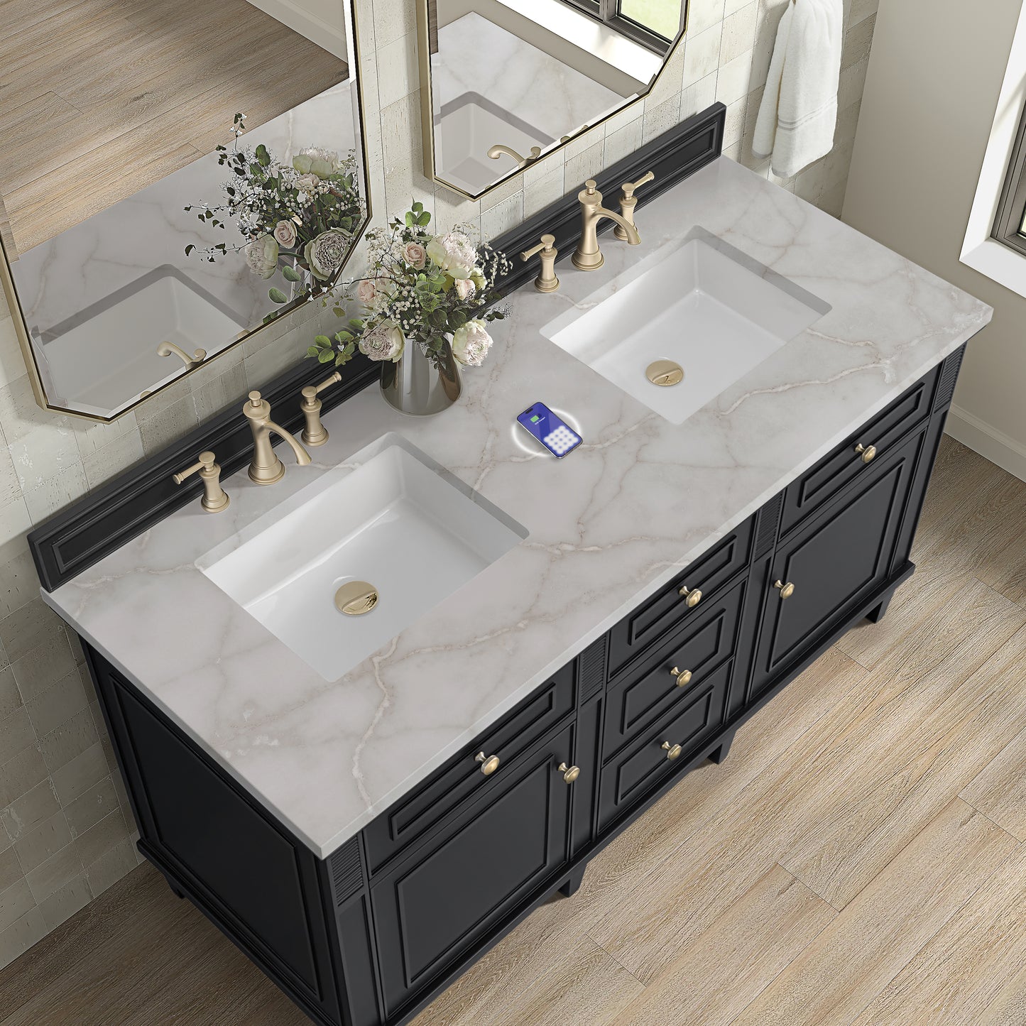 James Martin Vanities Lorelai 60" Black Onyx Double Vanity With 3 cm Victorian Silver Silestone Top and FreePower Wireless Charger