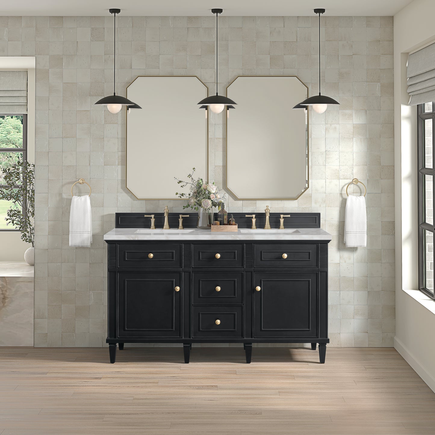 James Martin Vanities Lorelai 60" Black Onyx Double Vanity With 3 cm Victorian Silver Silestone Top and FreePower Wireless Charger
