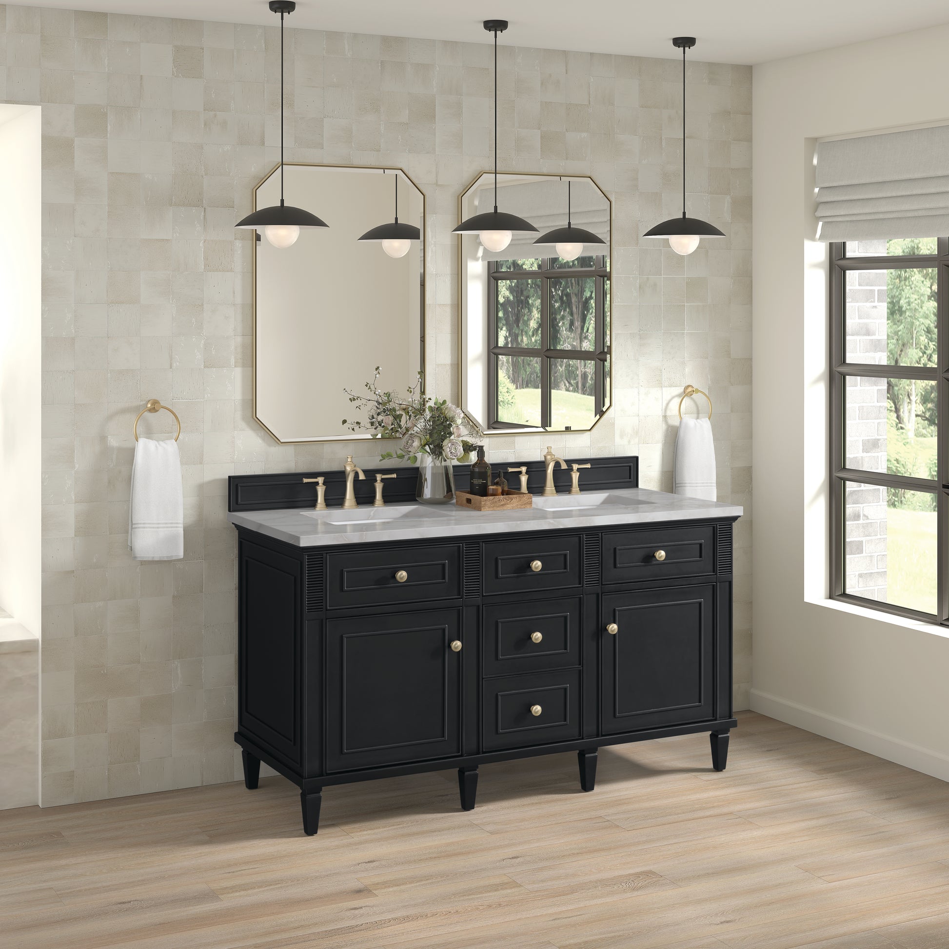 James Martin Vanities Lorelai 60" Black Onyx Double Vanity With 3 cm Victorian Silver Silestone Top and FreePower Wireless Charger