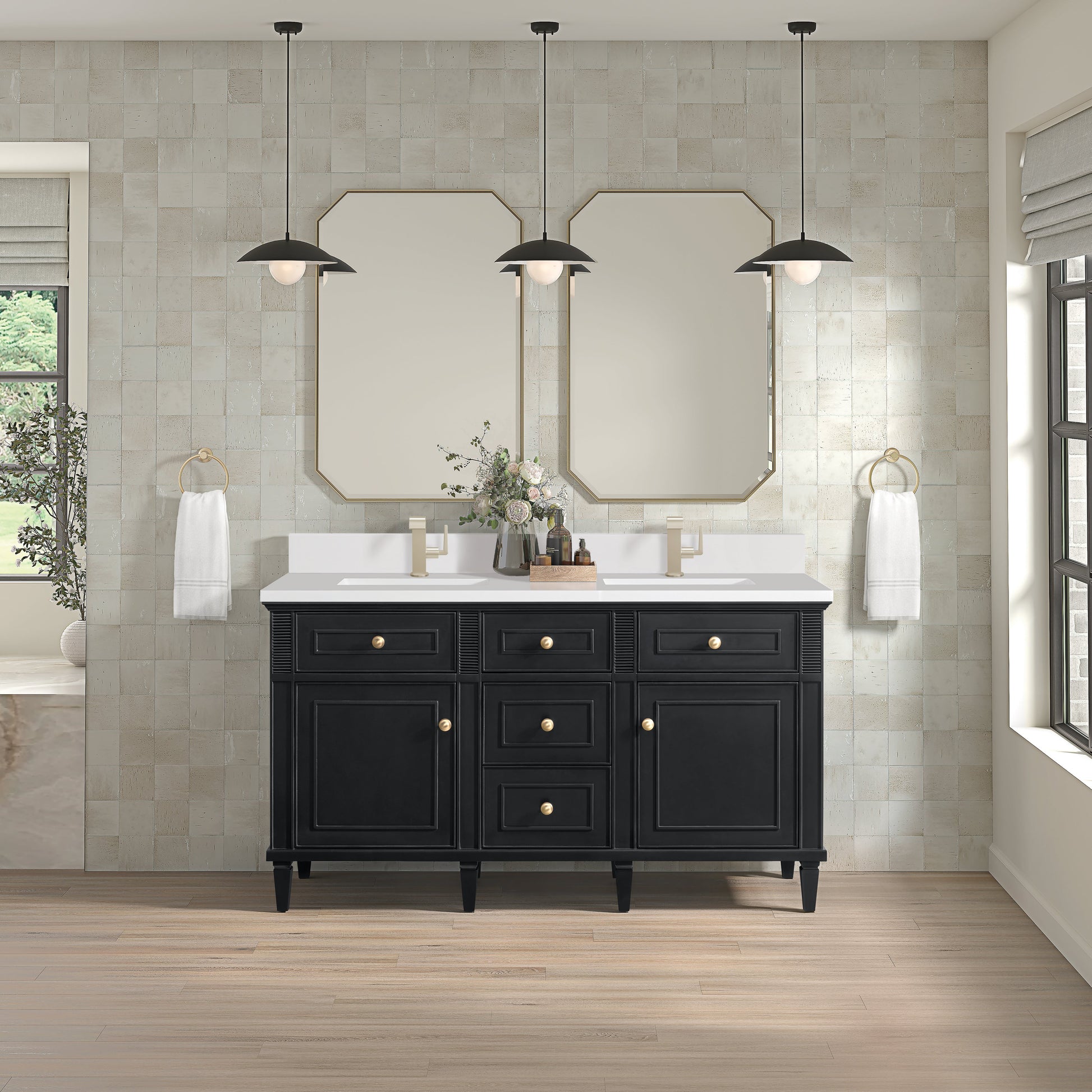 James Martin Vanities Lorelai 60" Black Onyx Double Vanity With Single Hole 3 CM White Zeus Quartz Top & Backsplash