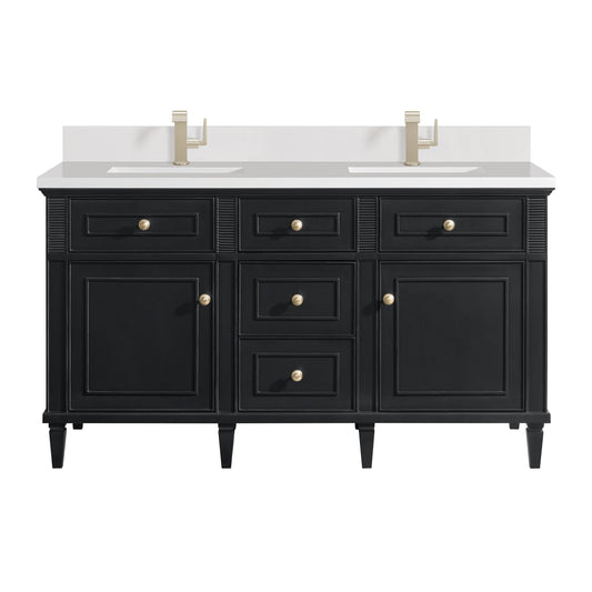 James Martin Vanities Lorelai 60" Black Onyx Double Vanity With Single Hole 3 CM White Zeus Quartz Top & Backsplash