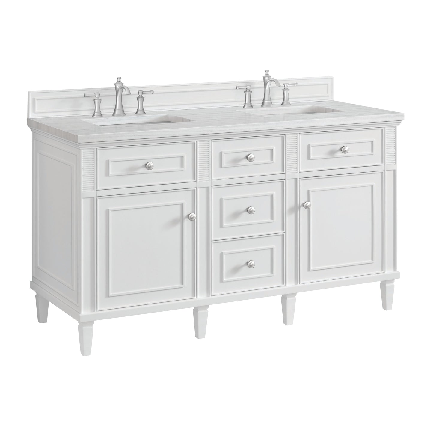 James Martin Vanities Lorelai 60" Bright White Double Vanity With 3 CM Arctic Fall Solid Surface Top