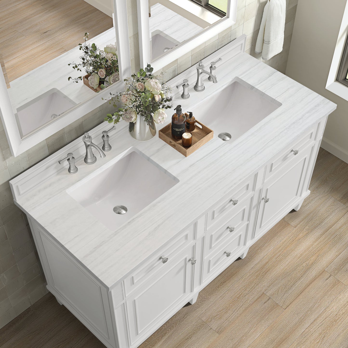 James Martin Vanities Lorelai 60" Bright White Double Vanity With 3 CM Arctic Fall Solid Surface Top