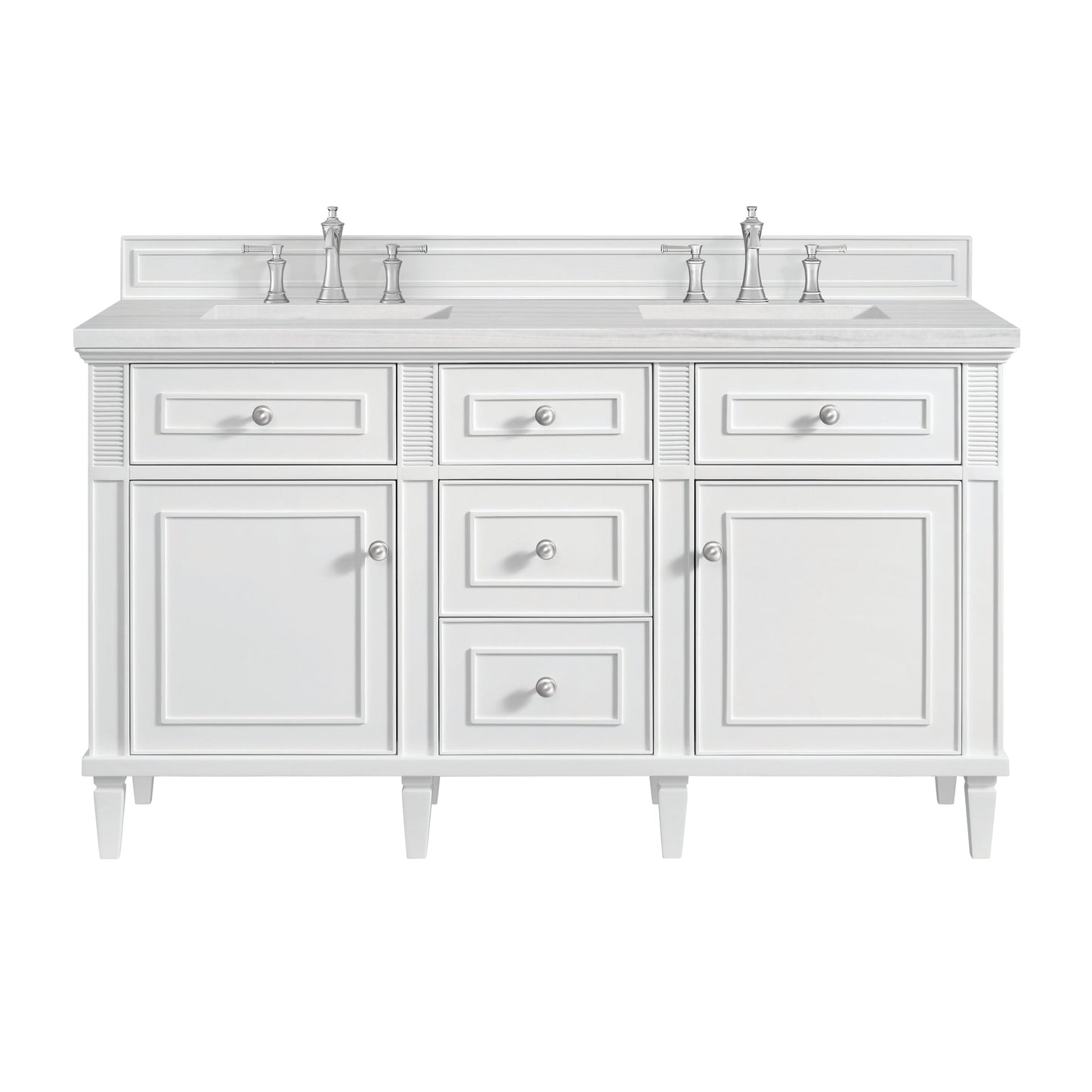 James Martin Vanities Lorelai 60" Bright White Double Vanity With 3 CM Arctic Fall Solid Surface Top