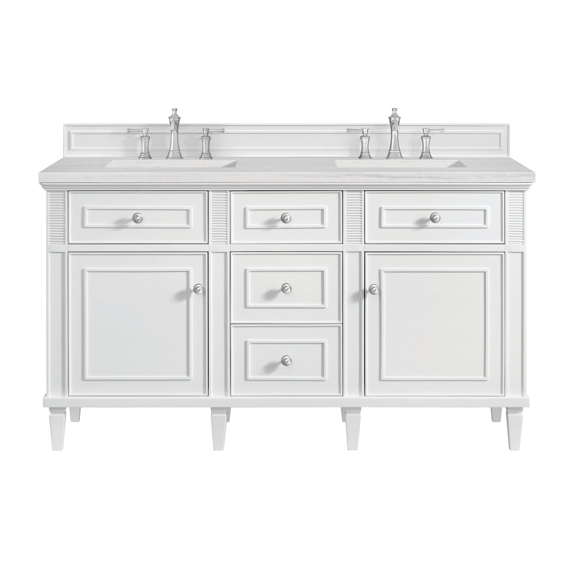 James Martin Vanities Lorelai 60" Bright White Double Vanity With 3 CM Arctic Fall Solid Surface Top