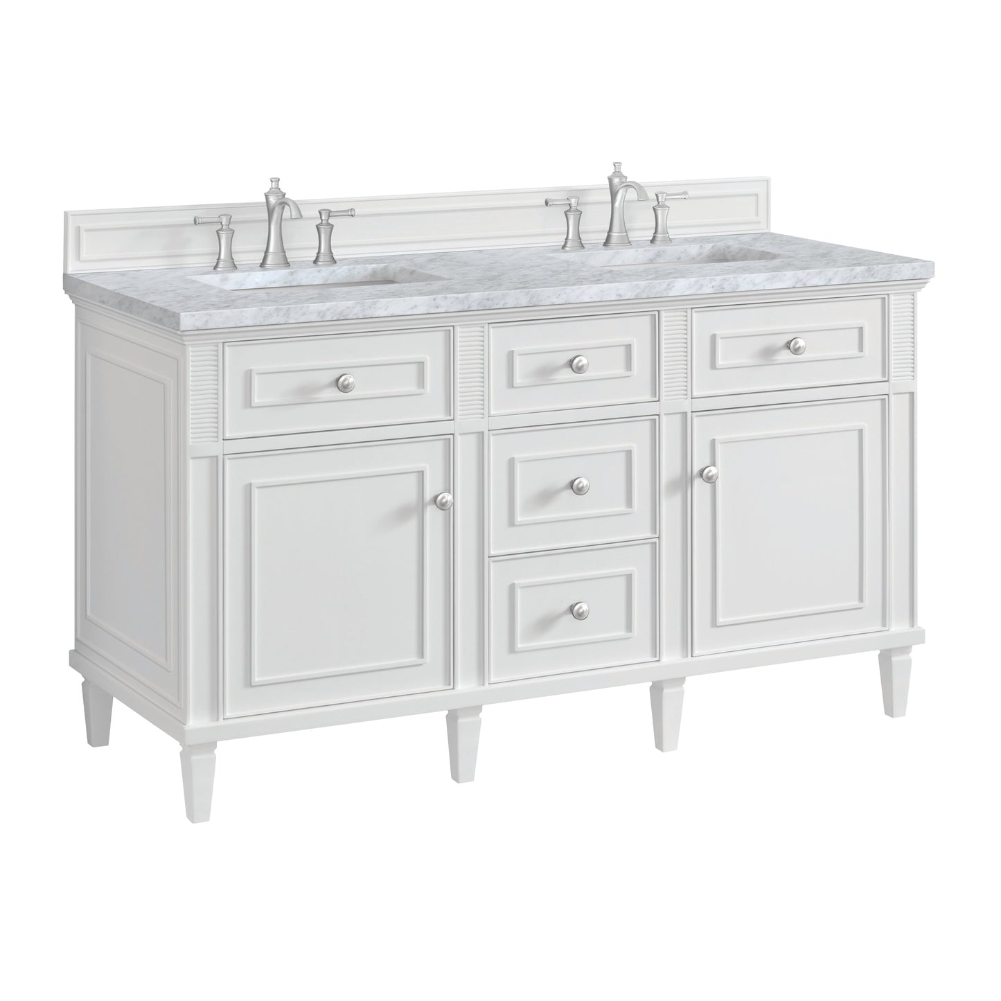 James Martin Vanities Lorelai 60" Bright White Double Vanity With 3 CM Carrara White Marble Top