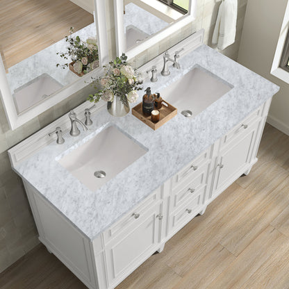 James Martin Vanities Lorelai 60" Bright White Double Vanity With 3 CM Carrara White Marble Top