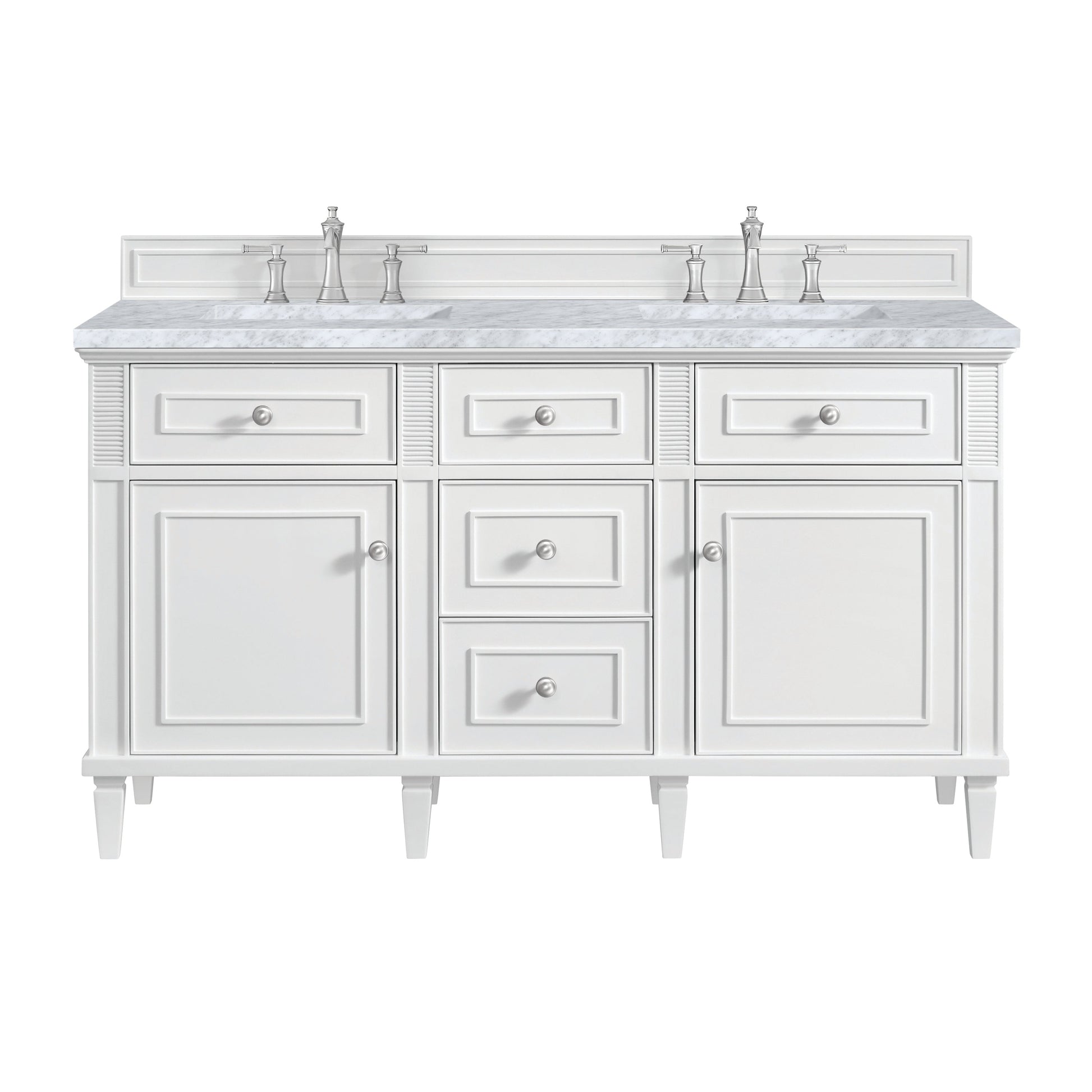 James Martin Vanities Lorelai 60" Bright White Double Vanity With 3 CM Carrara White Marble Top