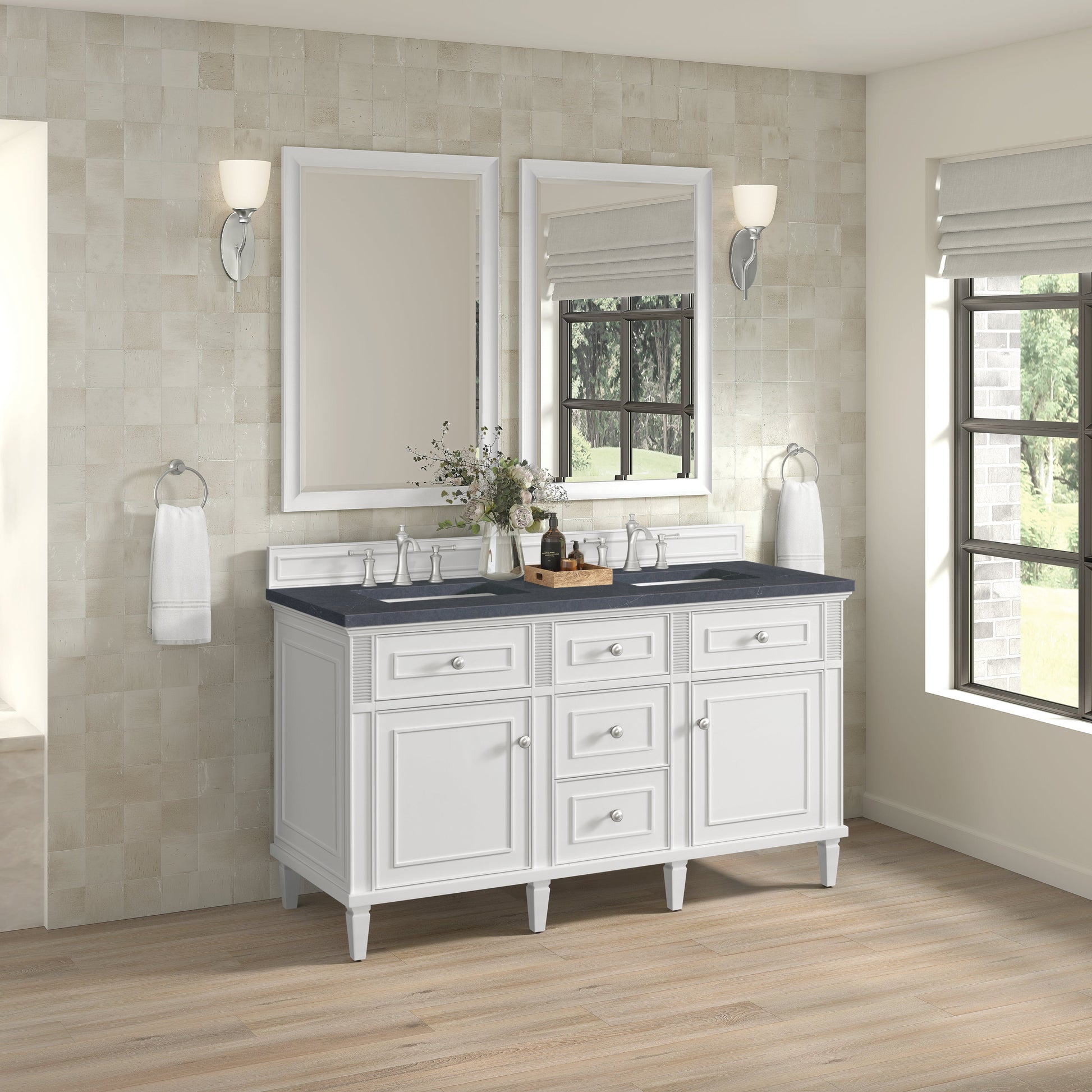 James Martin Vanities Lorelai 60" Bright White Double Vanity With 3 CM Charcoal Soapstone Quartz Top