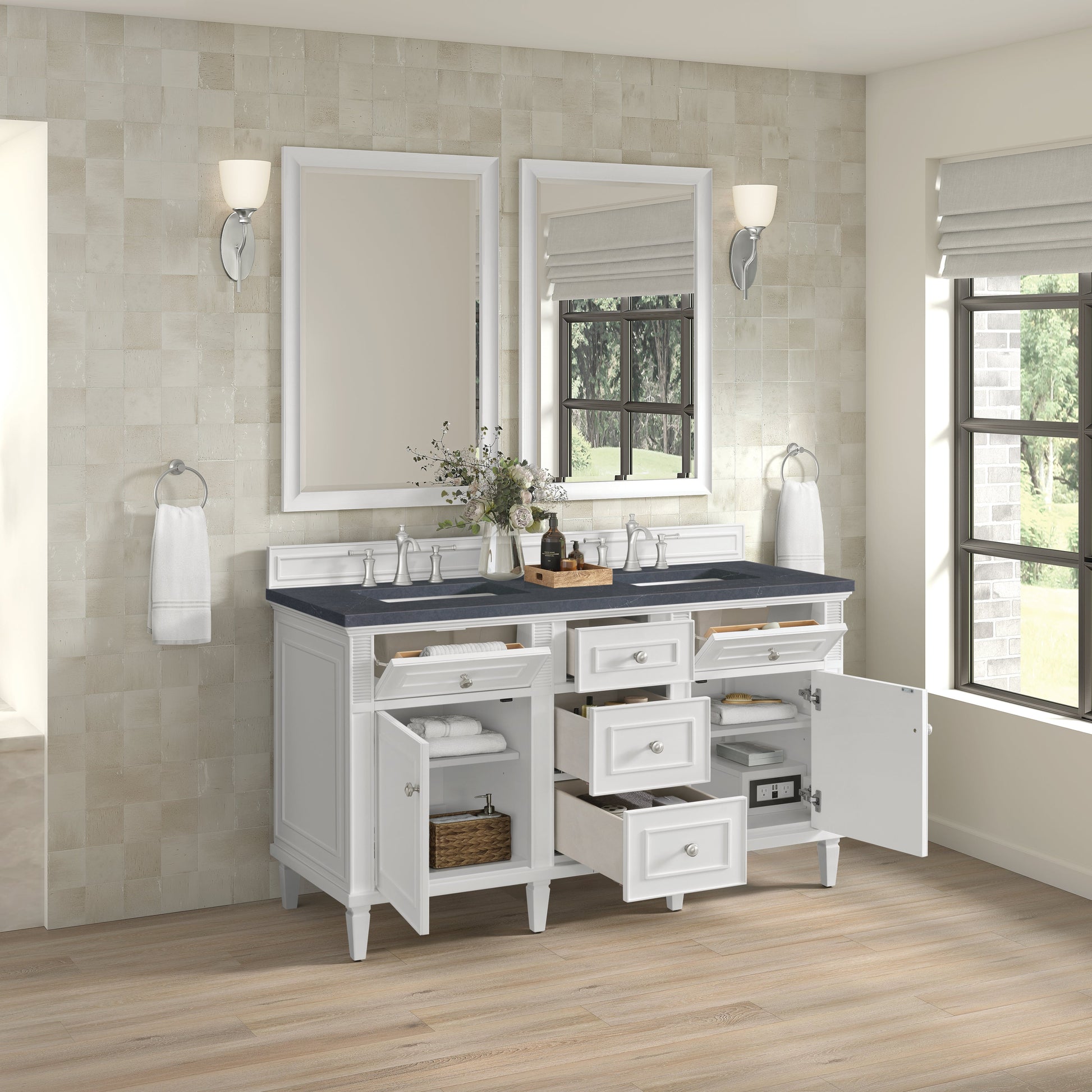 James Martin Vanities Lorelai 60" Bright White Double Vanity With 3 CM Charcoal Soapstone Quartz Top