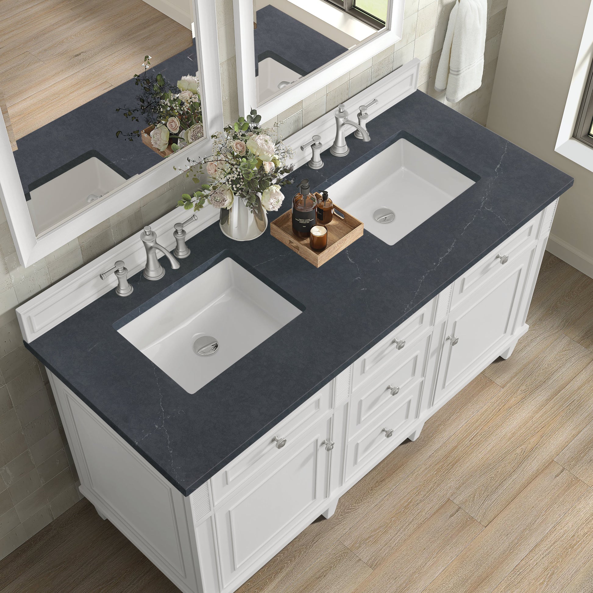 James Martin Vanities Lorelai 60" Bright White Double Vanity With 3 CM Charcoal Soapstone Quartz Top