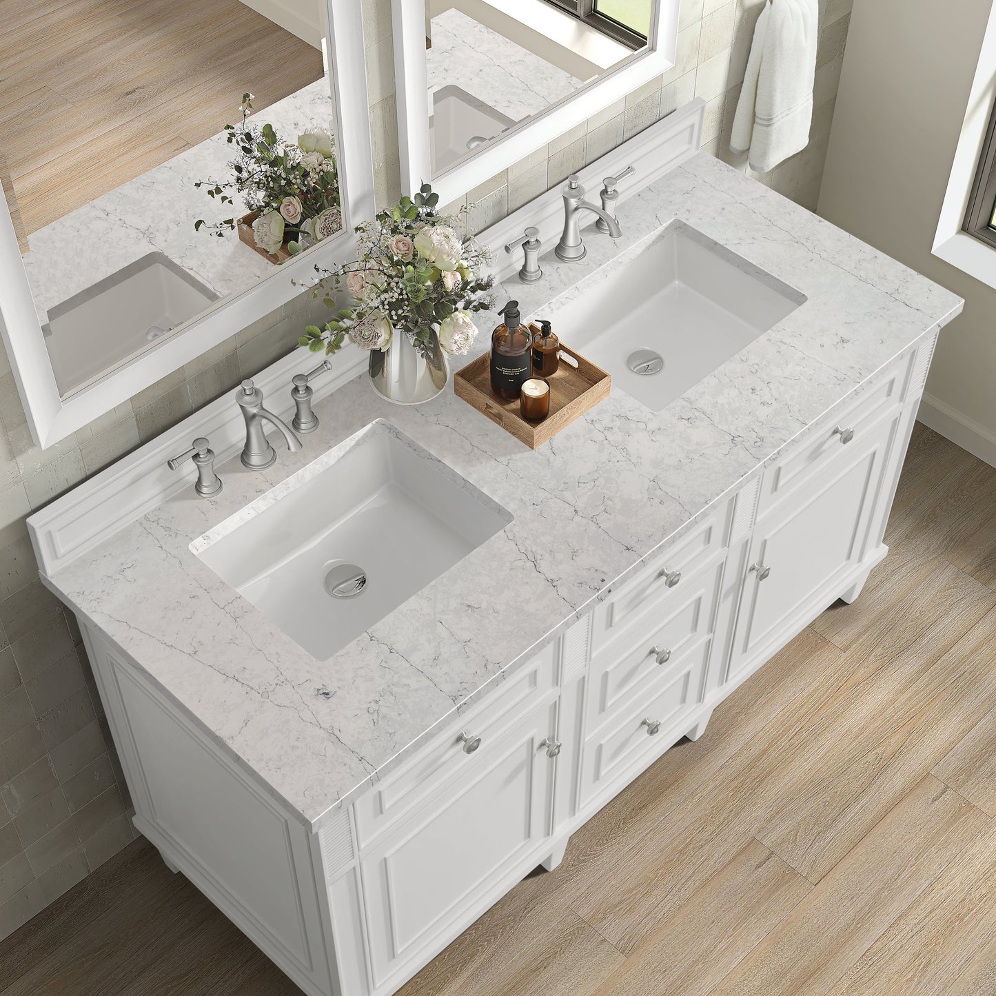 James Martin Vanities Lorelai 60" Bright White Double Vanity With 3 CM Eternal Jasmine Pearl Quartz Top