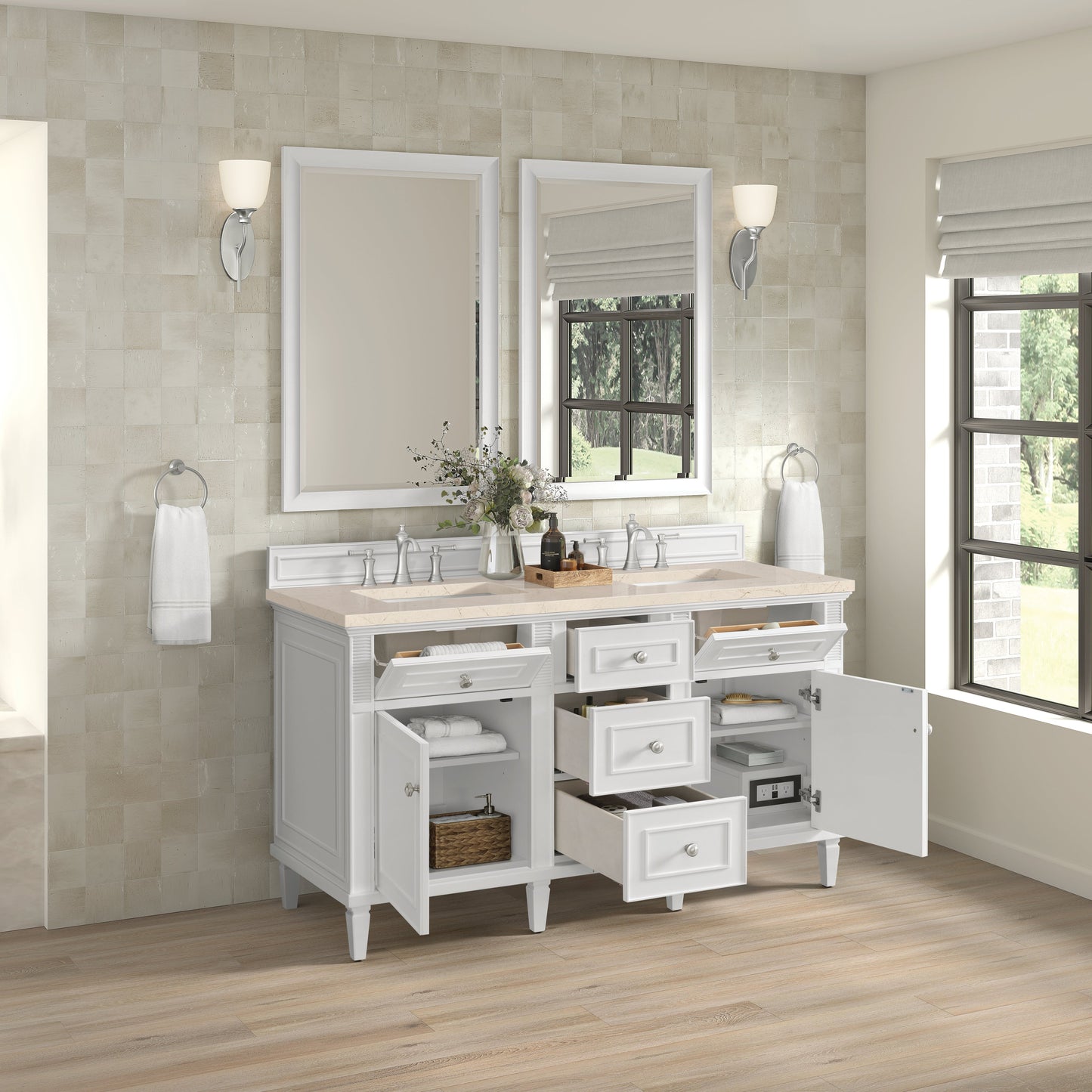 James Martin Vanities Lorelai 60" Bright White Double Vanity With 3 CM Eternal Marfil Quartz Top