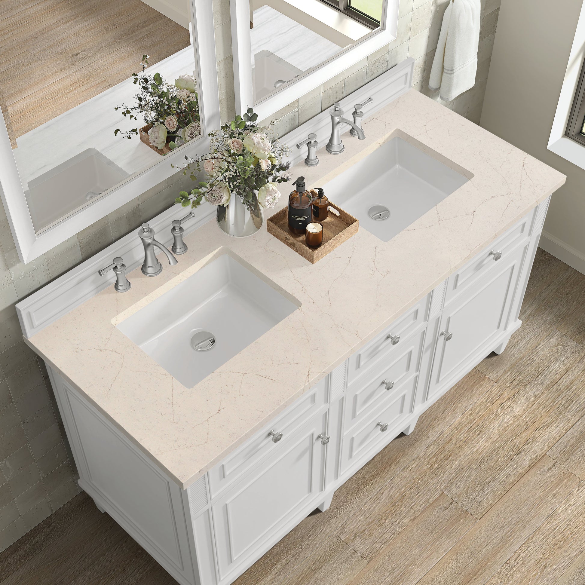 James Martin Vanities Lorelai 60" Bright White Double Vanity With 3 CM Eternal Marfil Quartz Top