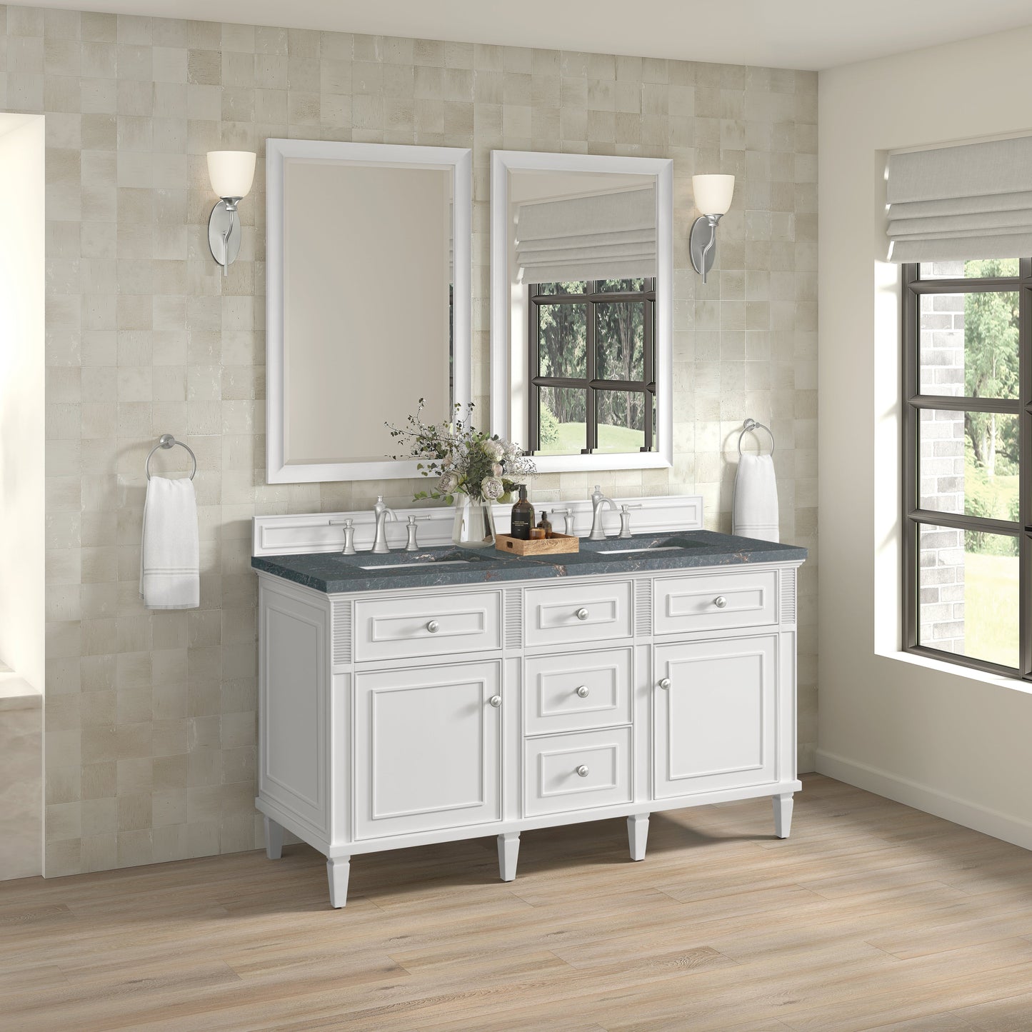 James Martin Vanities Lorelai 60" Bright White Double Vanity With 3 CM Parisien Bleu Quartz Top