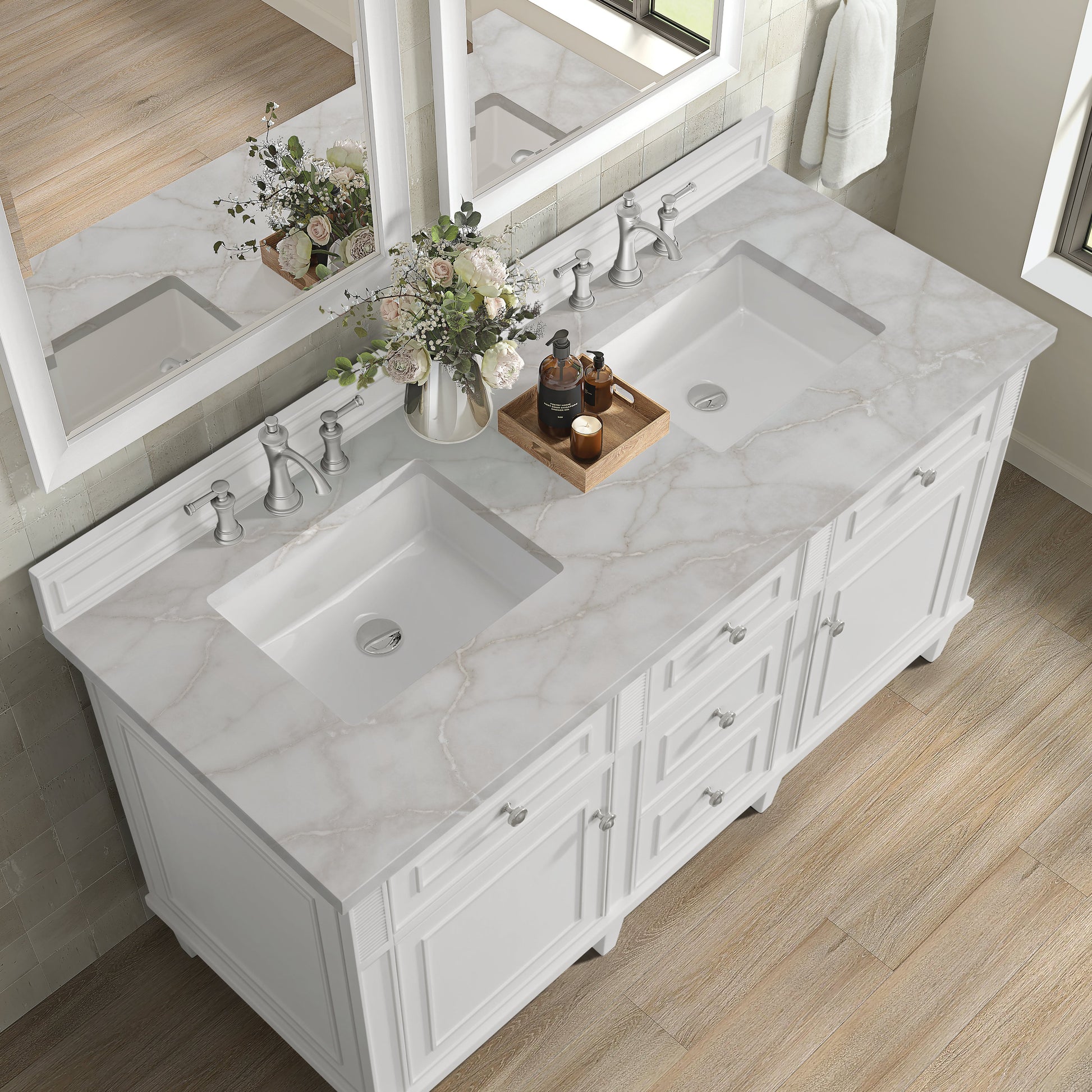 James Martin Vanities Lorelai 60" Bright White Double Vanity With 3 CM Victorian Silver Quartz Top