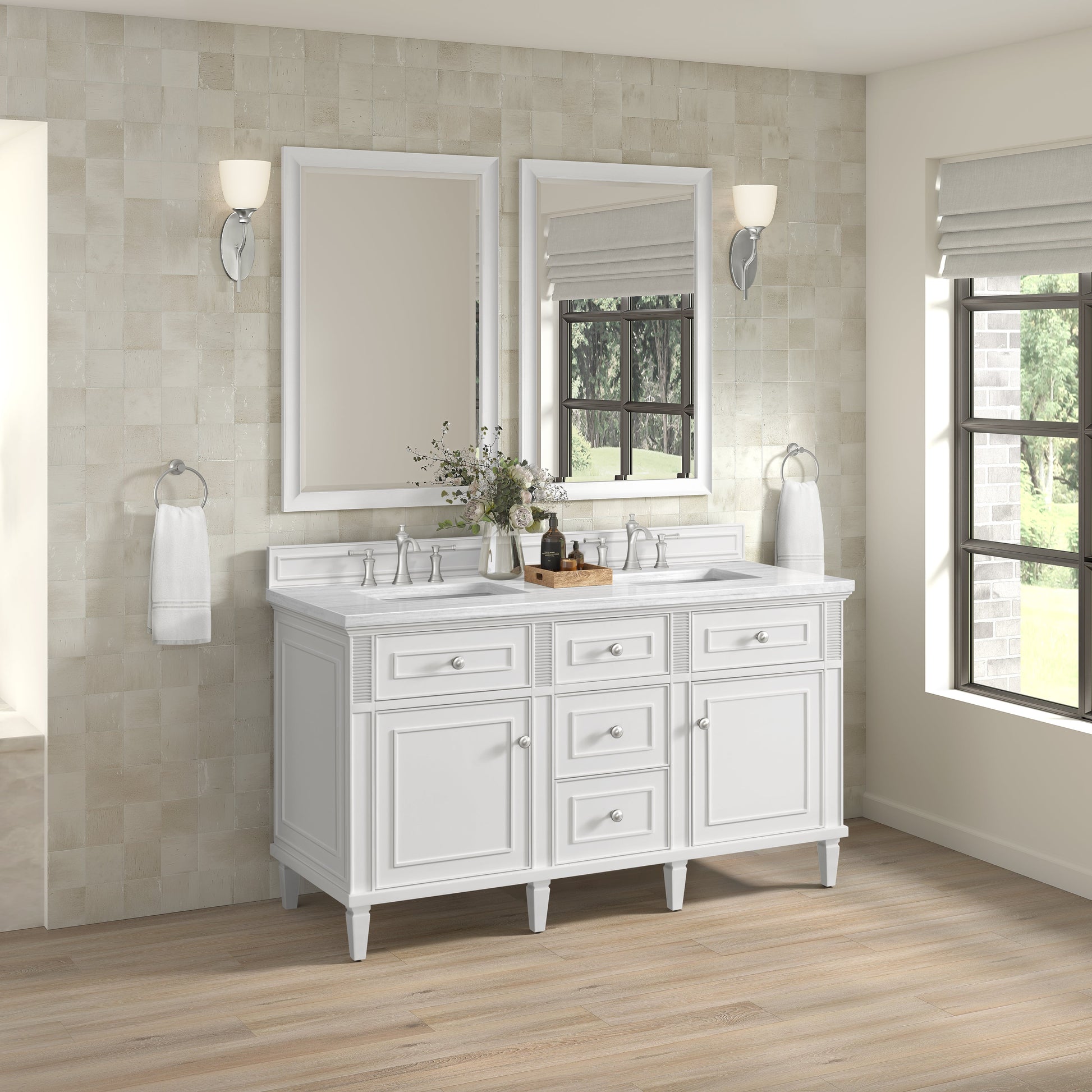 James Martin Vanities Lorelai 60" Bright White Double Vanity With 3 CM White Zeus Quartz Top