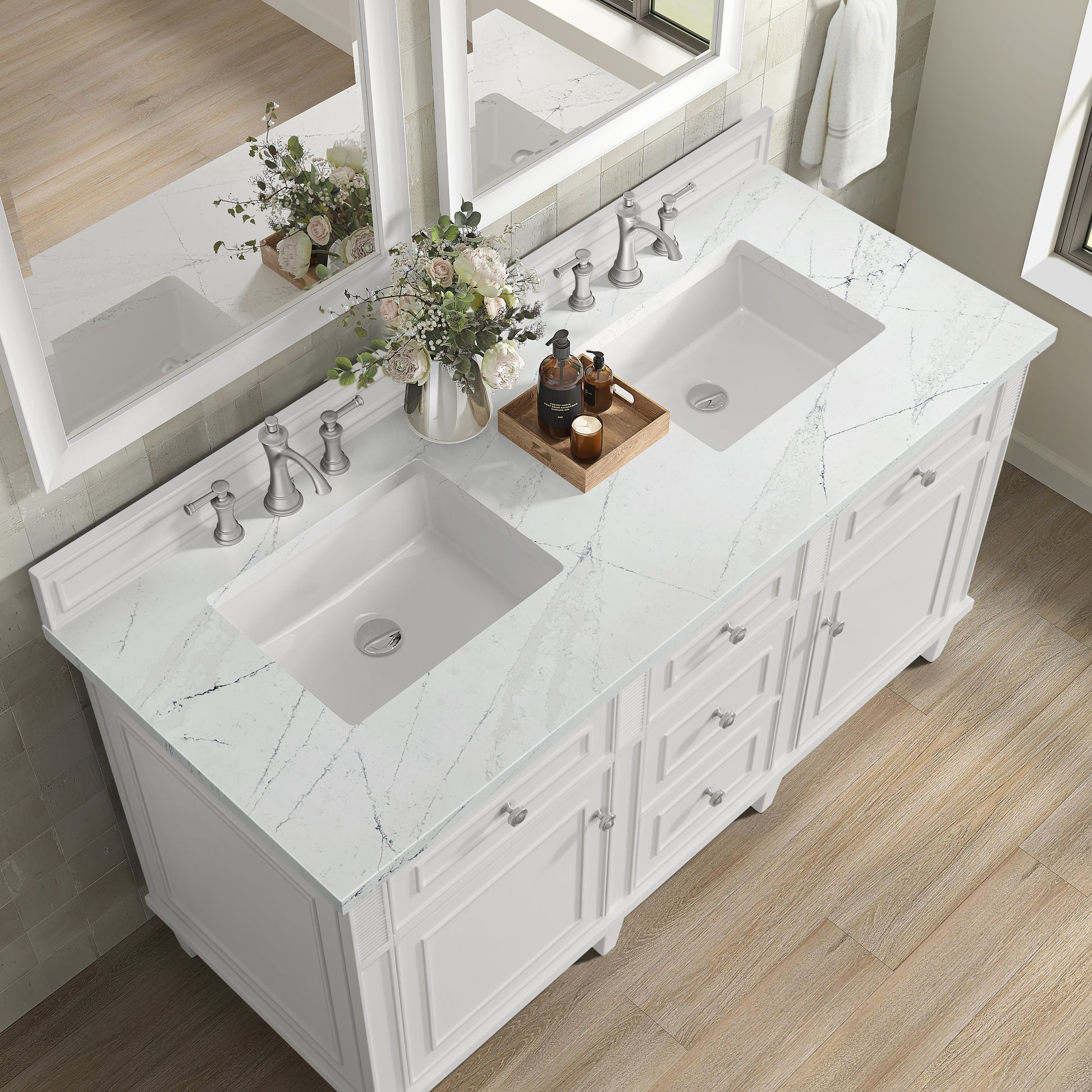 James Martin Vanities Lorelai 60" Bright White Double Vanity With 3 CM White Zeus Quartz Top