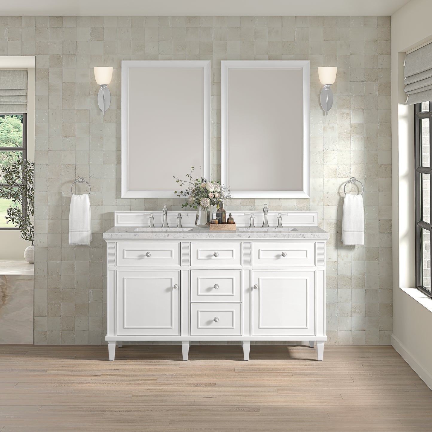 James Martin Vanities Lorelai 60" Bright White Double Vanity With 3 cm Eternal Jasmine Pearl Silestone Top and FreePower Wireless Charger