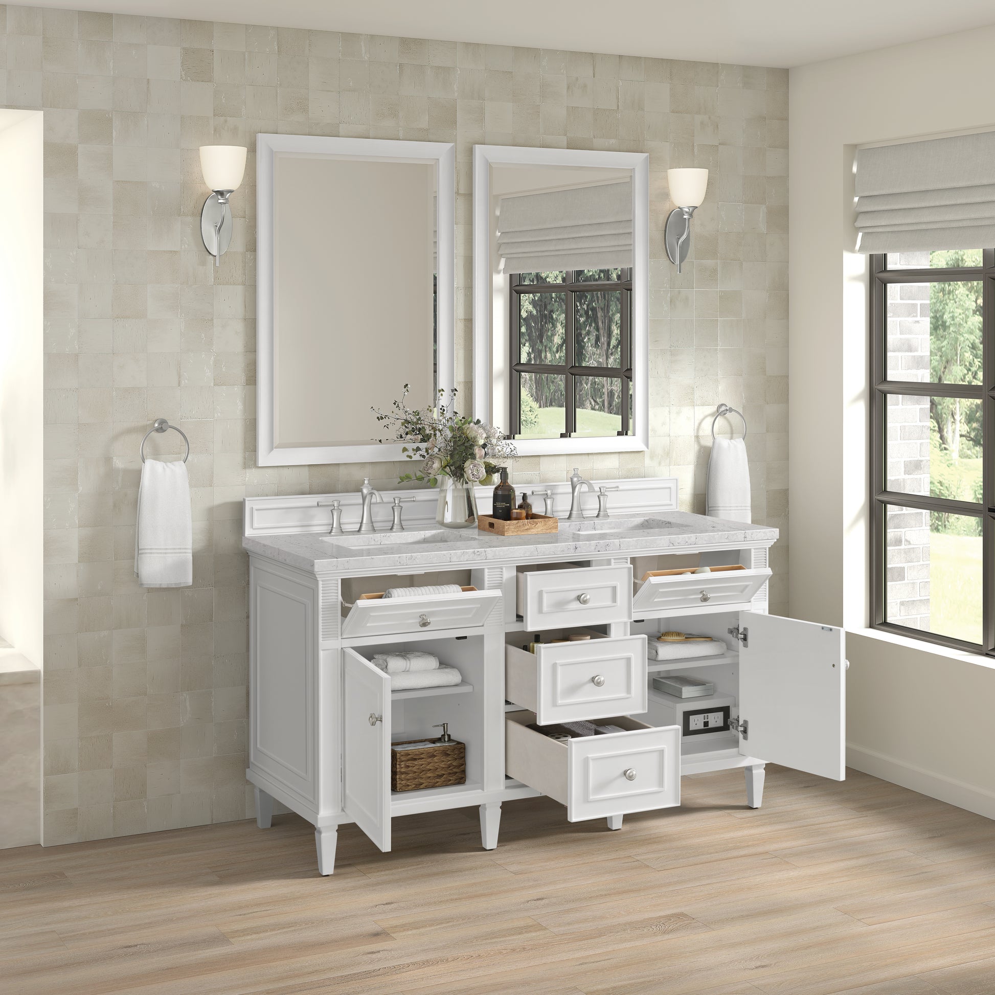 James Martin Vanities Lorelai 60" Bright White Double Vanity With 3 cm Eternal Jasmine Pearl Silestone Top and FreePower Wireless Charger