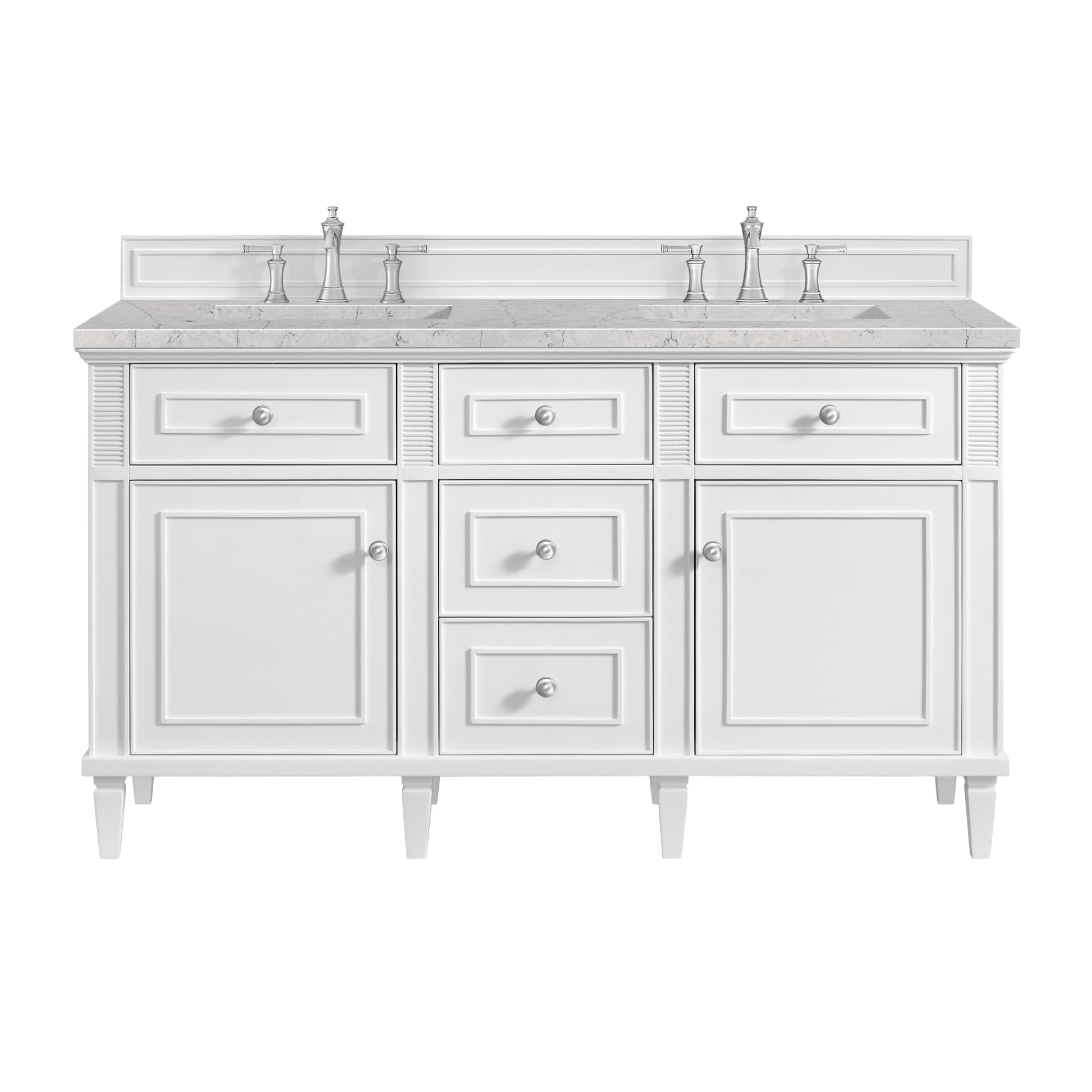 James Martin Vanities Lorelai 60" Bright White Double Vanity With 3 cm Eternal Jasmine Pearl Silestone Top and FreePower Wireless Charger